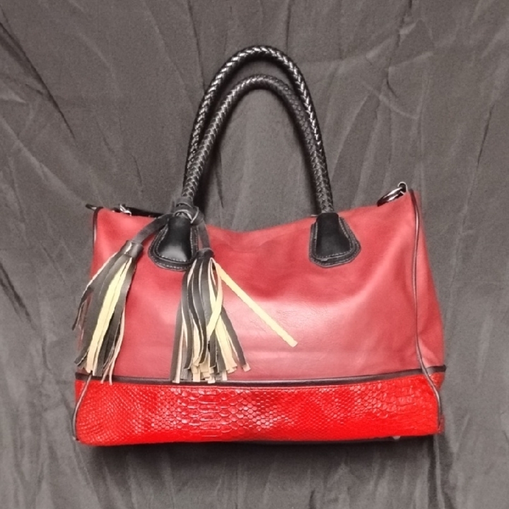 Braided-Handle Red Shoulder Bag with Black Trim and Tassel Accents - Picture 2 of 13